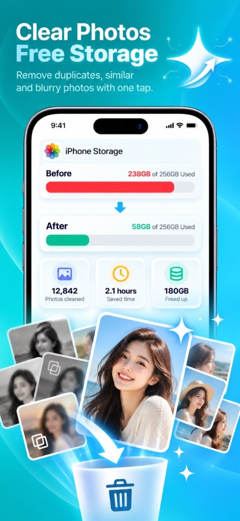 Clear photos and free iPhone storage — remove duplicates, similar, and blurry shots