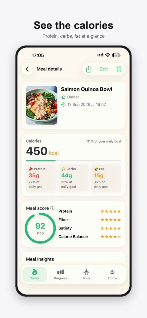 See the calories — protein, carbs, and fat at a glance